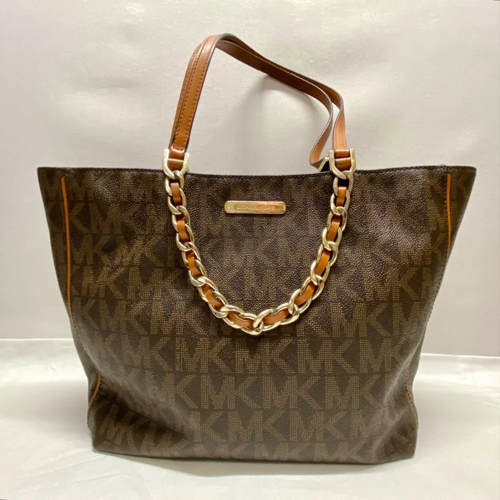Michael Kors East West Tote Bag Signature Brown MK Logo Gold Harper Chain Purse